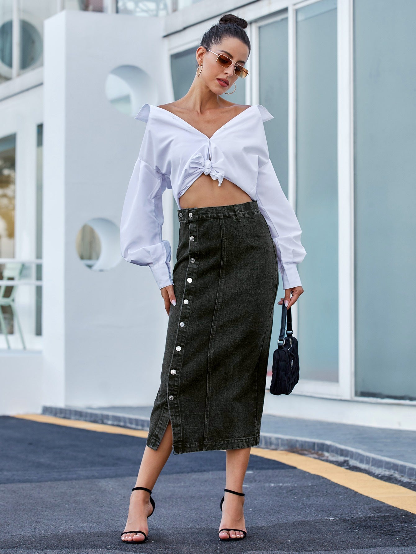 Denim Longuette - Gonna con Spacco e Bottoni Frontali