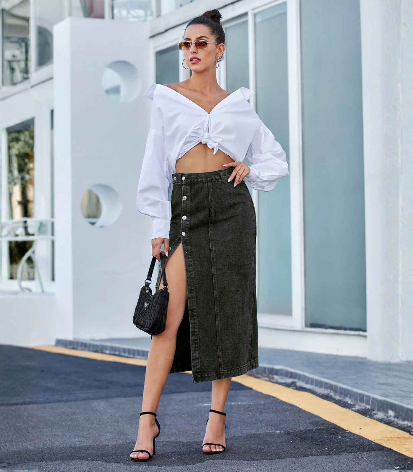 Denim Longuette - Gonna con Spacco e Bottoni Frontali