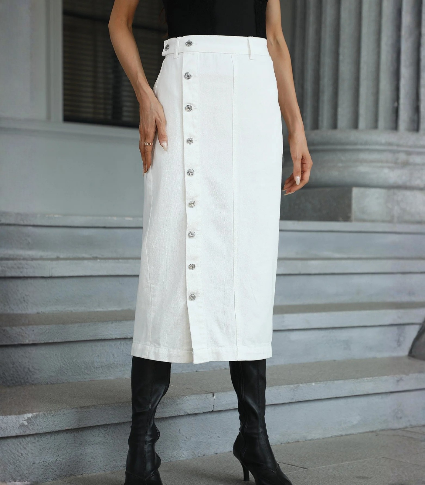 Denim Longuette - Gonna con Spacco e Bottoni Frontali