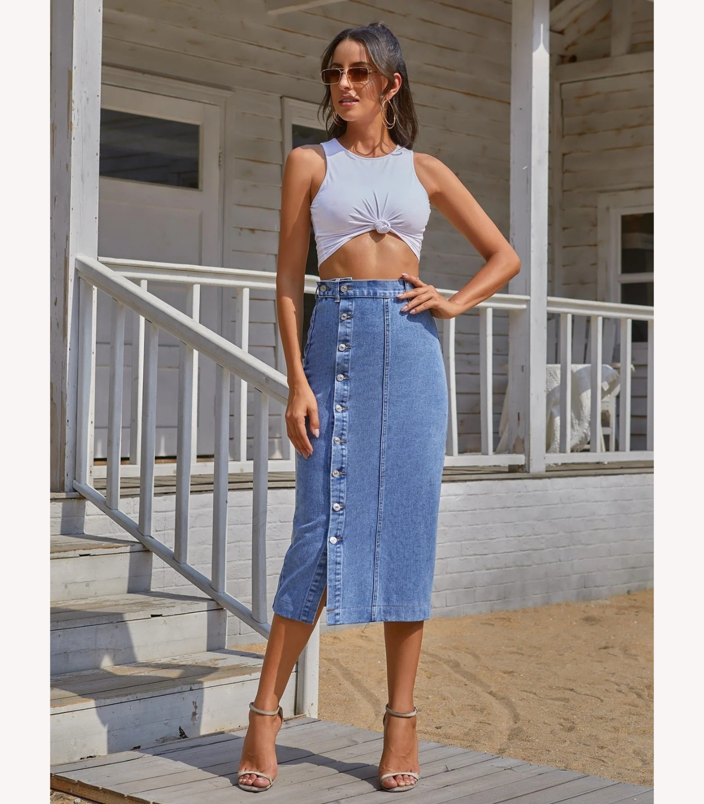 Denim Longuette - Gonna con Spacco e Bottoni Frontali