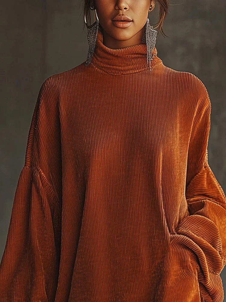 AURORA | Abito in Velluto a Coste Arancione con Collo Alto