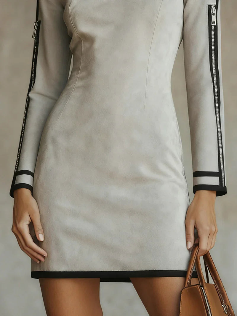 LIVIA | Mini Abito Grigio Chiaro in Finto Camoscio con Zip