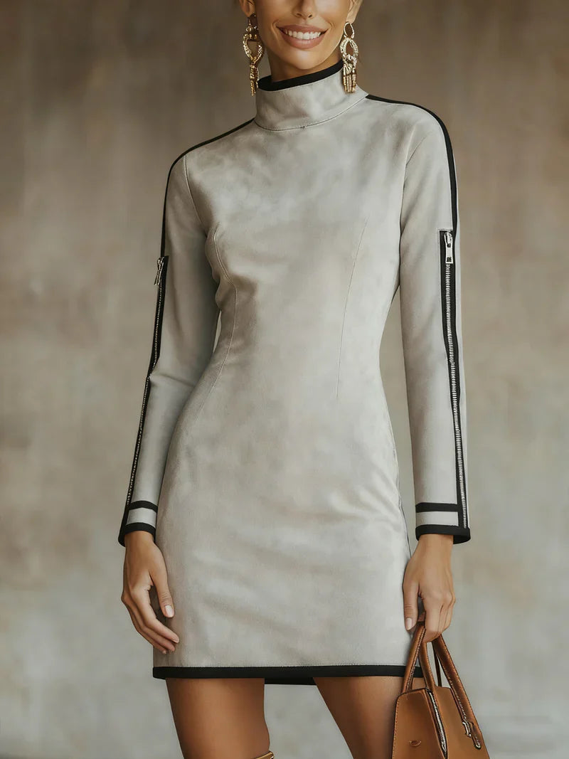 LIVIA | Mini Abito Grigio Chiaro in Finto Camoscio con Zip