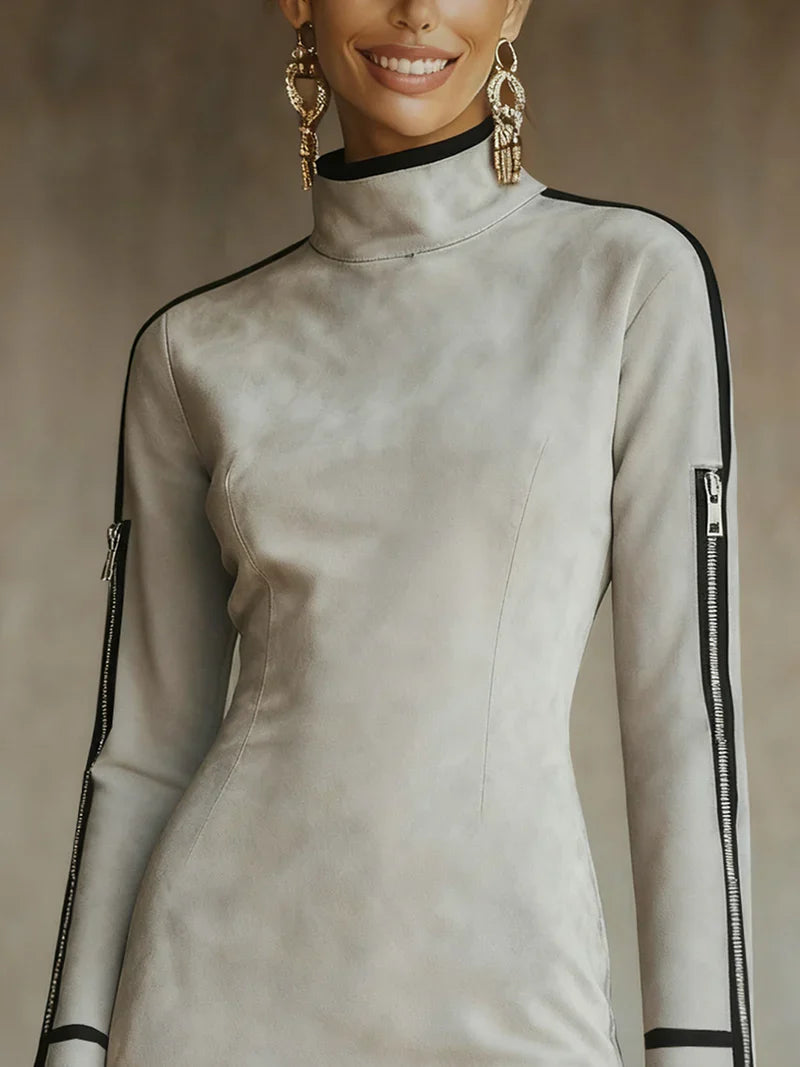 LIVIA | Mini Abito Grigio Chiaro in Finto Camoscio con Zip